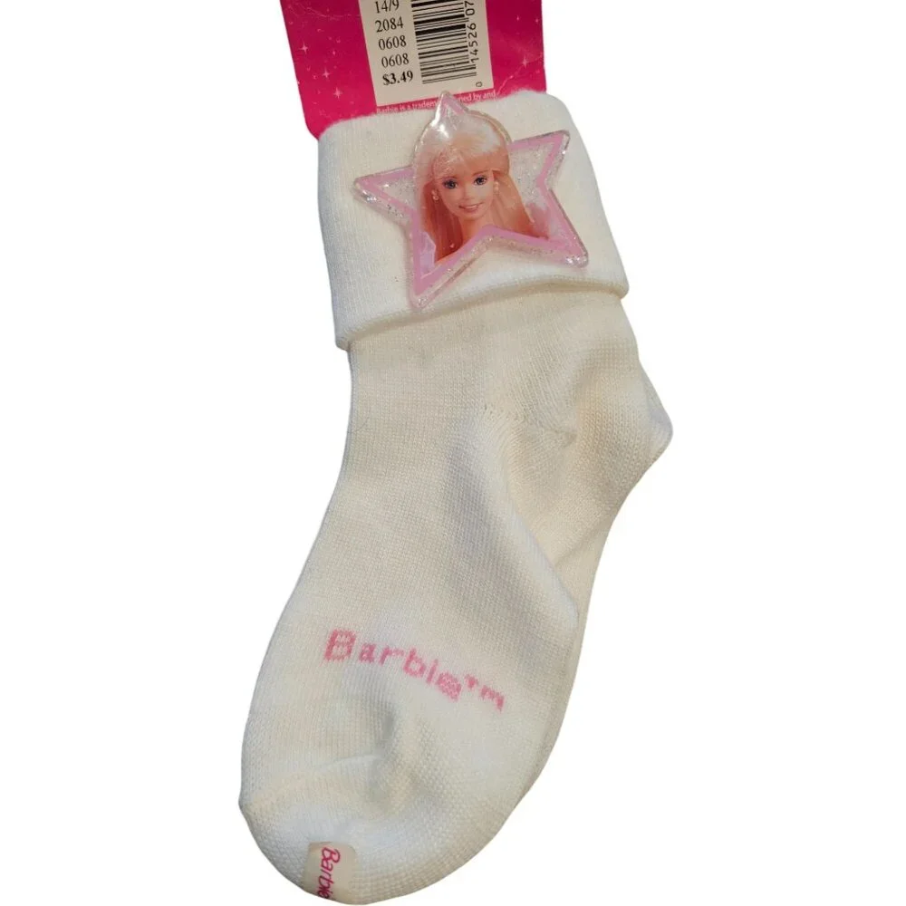 Barbie Vintage Star Glitter White Socks Girls Kids Fits Shoe Size 5 - 6.5 NEW